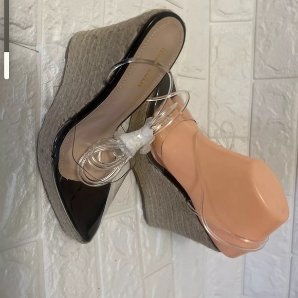 MISS LOLA " Clear and Woven Wedges Platform Sandals 8 Pointed Toe - Picture 3 of 5